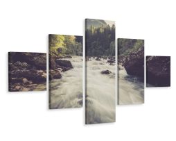 Schilderij - Bergrivier in het Bos, 5 luik, Premium Print