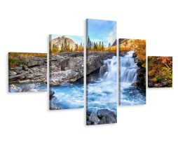 Schilderij - Herfstig landschap en waterval, 5luik, premium print