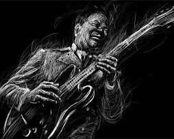 Fotobehang - Geschilderde blues muzikant in zwart en wit, Muziek, 11 maten, inclusief behanglijm