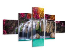 Schilderij - Waterval in het diepe bos, 5luik, premium print