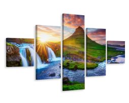 Schilderij - Waterval en zonsondergang, 5luik, premium print