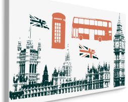Schilderij - Toeristisch attracties in Londen, zwart/wit/rood, Premium Print