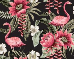 Fotobehang - Tropische bloemen en Flamingo's Vintage, 11 maten, premium print, incl behanglijm 520x318cm