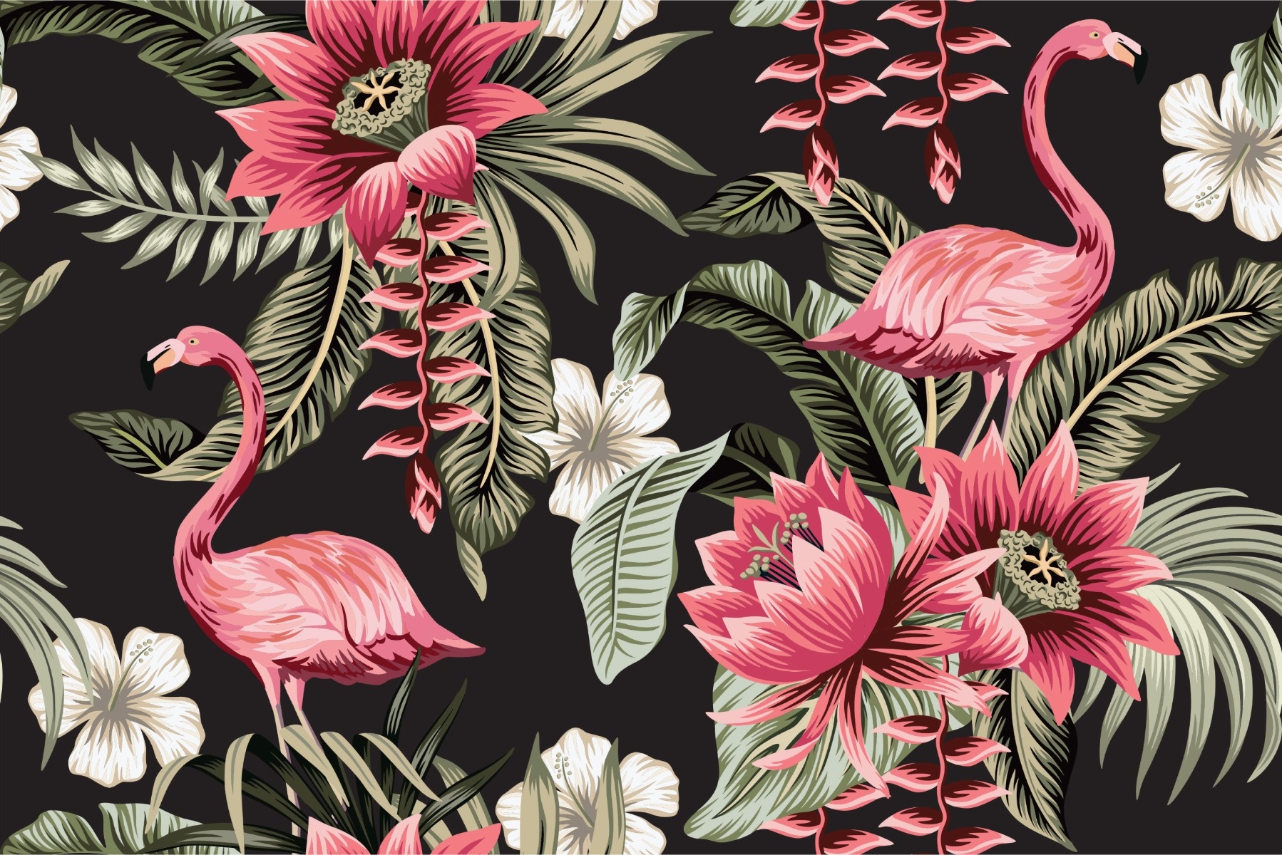 Fotobehang - Tropische bloemen en Flamingo's Vintage, 11 maten, premium print, incl behanglijm 520x318cm