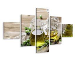 Schilderij - Olijfolie met groene olijven, 5luik, premium print