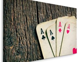 Schilderij - Oude speelkaarten op houten tafel, premium print