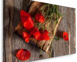 Schilderij - Wilde klaprozen op hout (print op canvas), premium print