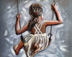 Schilderij - Metaalschilderij - Meisje op Schommel, 80x80cm, 3D schilderij