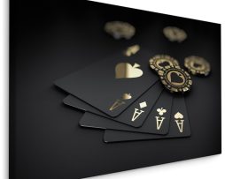 Schilderij - Zwart gouden speelkaarten en fiches, premium print