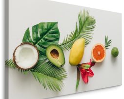 Schilderij - Kleurrijke fruit en palmbladeren, premium print