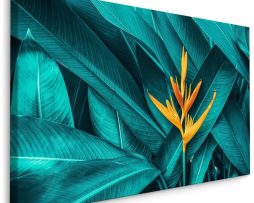 Schilderij - Oranje Bloem op een achtergrond van Tropische bladeren, 5 maten