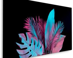 Schilderij - Bladeren in Neon kleuren op zwarte achtergrond, 5 maten