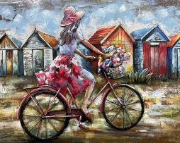 Schilderij - Metaalschilderij -Meisje op rode fiets, 80x120cm, 3D schilderij