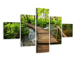 Schilderij - Houten pad door het bos, 5luik, premium print