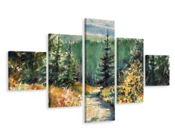 Schilderij - Geschilderd bos (print op canvas), 5luik, premium print