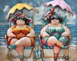 Schilderij - Metaalschilderij - Dikke Dames op het strand met parasol ,100x100cm, 3D schilderij