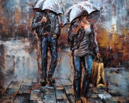 Schilderij - Metaalschilderij - Twee mensen onder paraplu ,100x100cm, 3D schilderij
