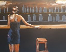 Schilderij - Metaalschilderij - In het Café, voor de bar, 60x150cm, 3D art