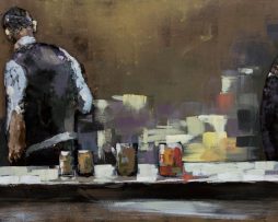 Schilderij - Metaalschilderij - In het Café, achter de bar, 60x150cm, 3D art