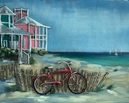 Schilderij - Metaalschilderij - Met de fiets naar het strand, 120x80cm, 3D art