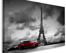 Schilderij - Oldtimer voor de Eiffeltoren in Parijs, zwart-wit/rood, 4 maten, premium print