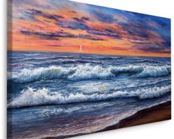 Schilderij - Wilde zee en zonsondergang (print op canvas), multi-gekleurd, wanddecoratie