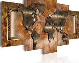 Schilderij - Stalen wereldkaart (staal look, dus canvas) 5 luik, Abstract afgebeeld, print op echt Italiaans canvas, voor woonkamer en slaapkamer, wanddecoratie - Copy