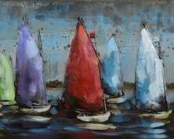 Schilderij - Metaalschilderij - Zeilboten met gekleurde zeilen. 30x90cm. 3D