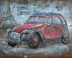 Schilderij - Metaalschilderij - Rode auto Citroën 2cv, Parijs - oldtimer120x80, 3D schilderij