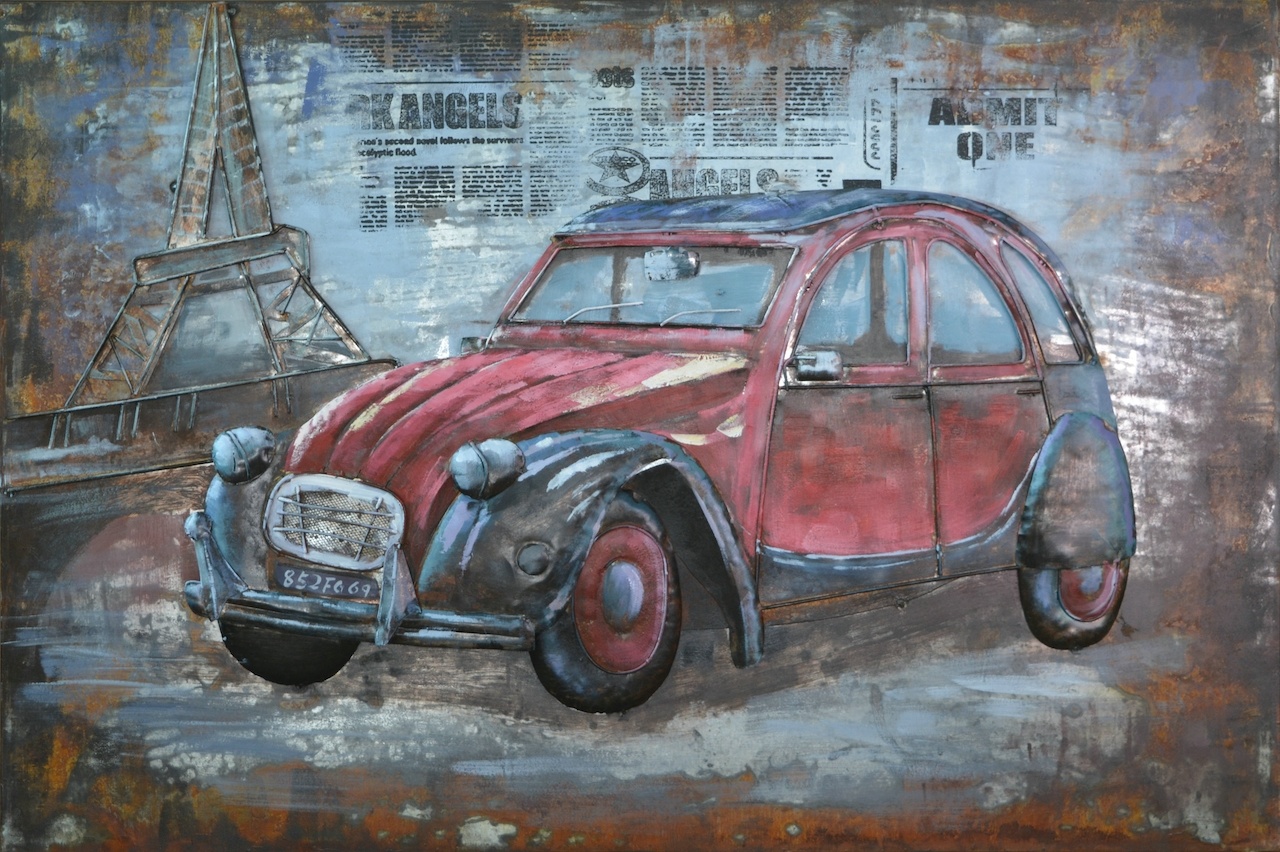 Schilderij - Metaalschilderij - Rode auto Citroën 2cv, Parijs - oldtimer120x80, 3D schilderij