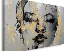 Schilderij - Vrouw omringt door Goud, zwart/grijs, Premium Print 90x60cm