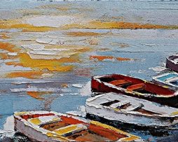 Schilderij - Handgeschilderd - Roeiboten en zonsondergang, 150x60cm