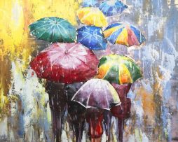 Schilderij - Metaalschilderij - In de regen met prachtige kleuren ,handgeschilderd op metaal 3D 100x100cm