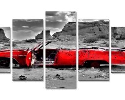 Schilderij - Rode Oldtimer, 200x100 cm. 5 luik, wanddecoratie