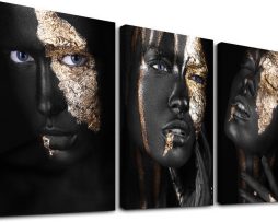Schilderij - Gezicht bladgoud vrouw, 120x80 cm. 3 luik, wanddecoratie