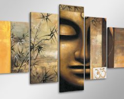 Schilderij - Boeddha met Ohm teken, 100x50 cm. 5 luik, wanddecoratie