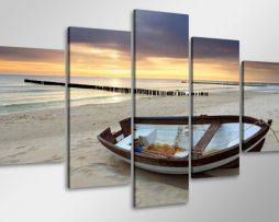 Schilderij - Boot op het strand, 100x50 cm. 5 luik, wanddecoratie