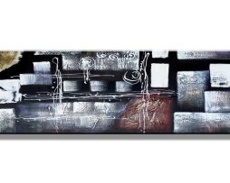 Schilderij - Abstract in blokken en krullen, 120x40cm. Incl haakjes om op te hangen