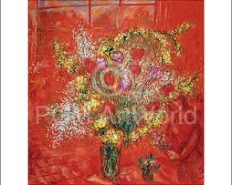 Kunstdruk Marc Chagall - Fleurs sur fond rouge 70x70cm