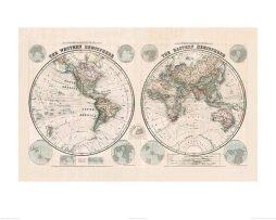 Kunstdruk Stanfords - Eastern and Western Hemispheres Map 1877 60x80cm